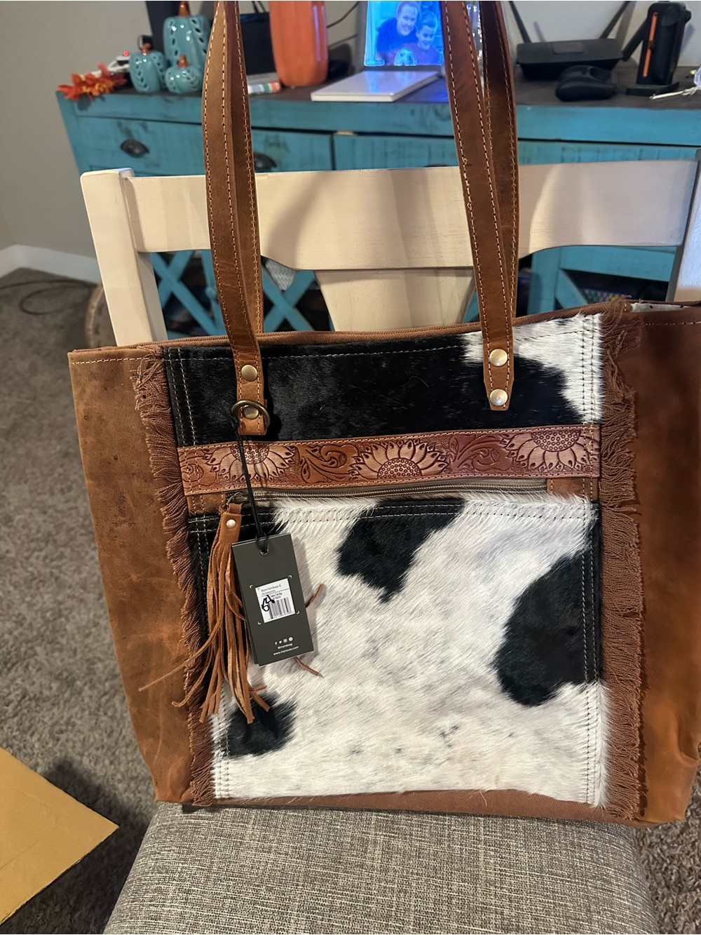 Myra Bag Brown Leather Tote with Black and White Cowhide Accent